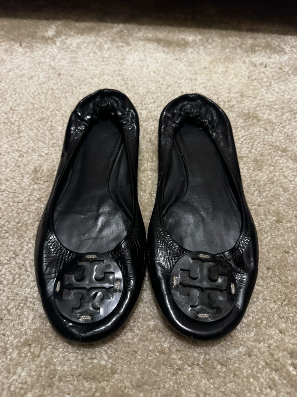 Tory Burch Reva Black Leather Ballet Flats Logo Medallion Women’s Size 11